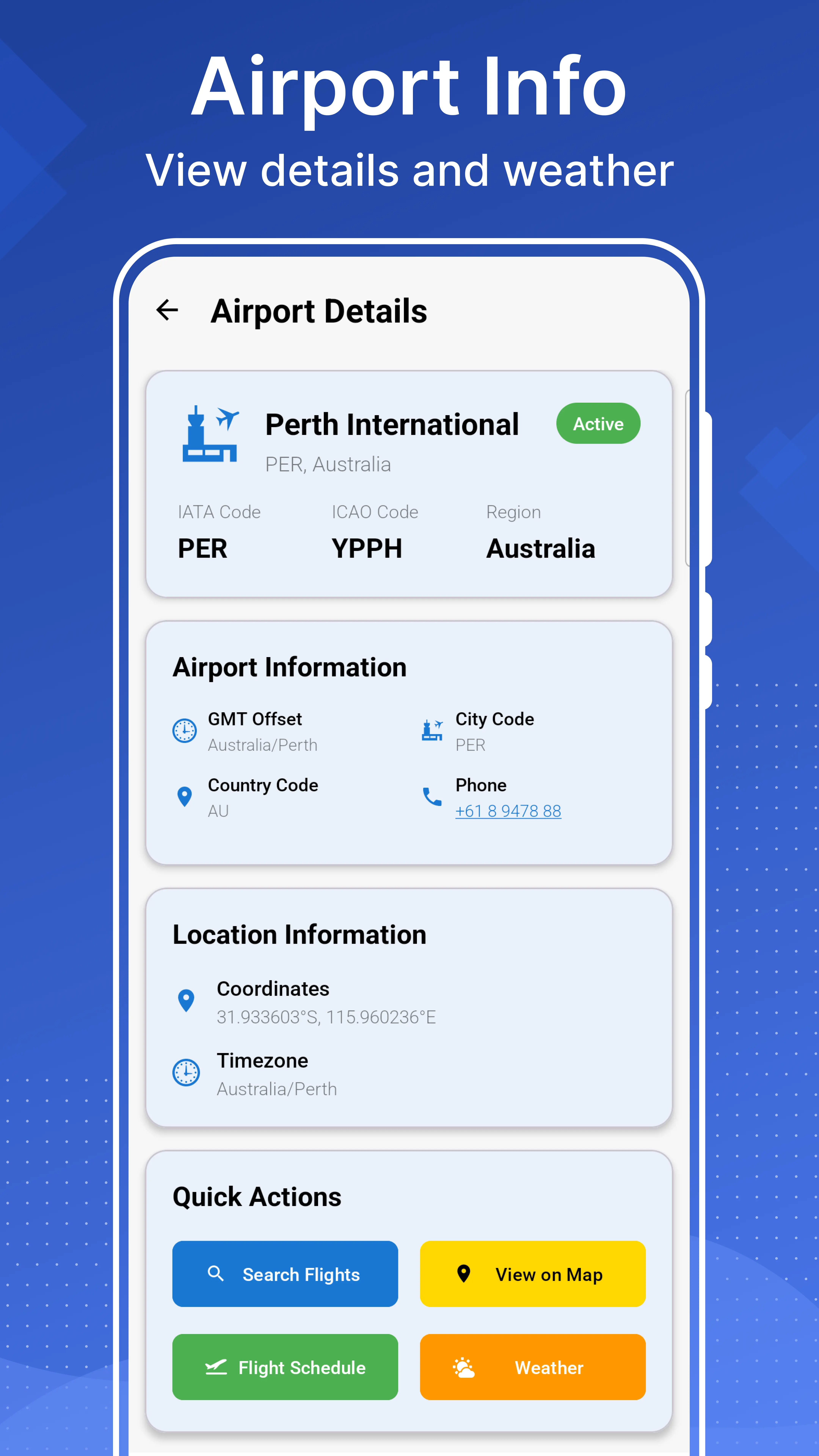 Airport details screen showing IATA and ICAO codes, timezone, elevation and phone number