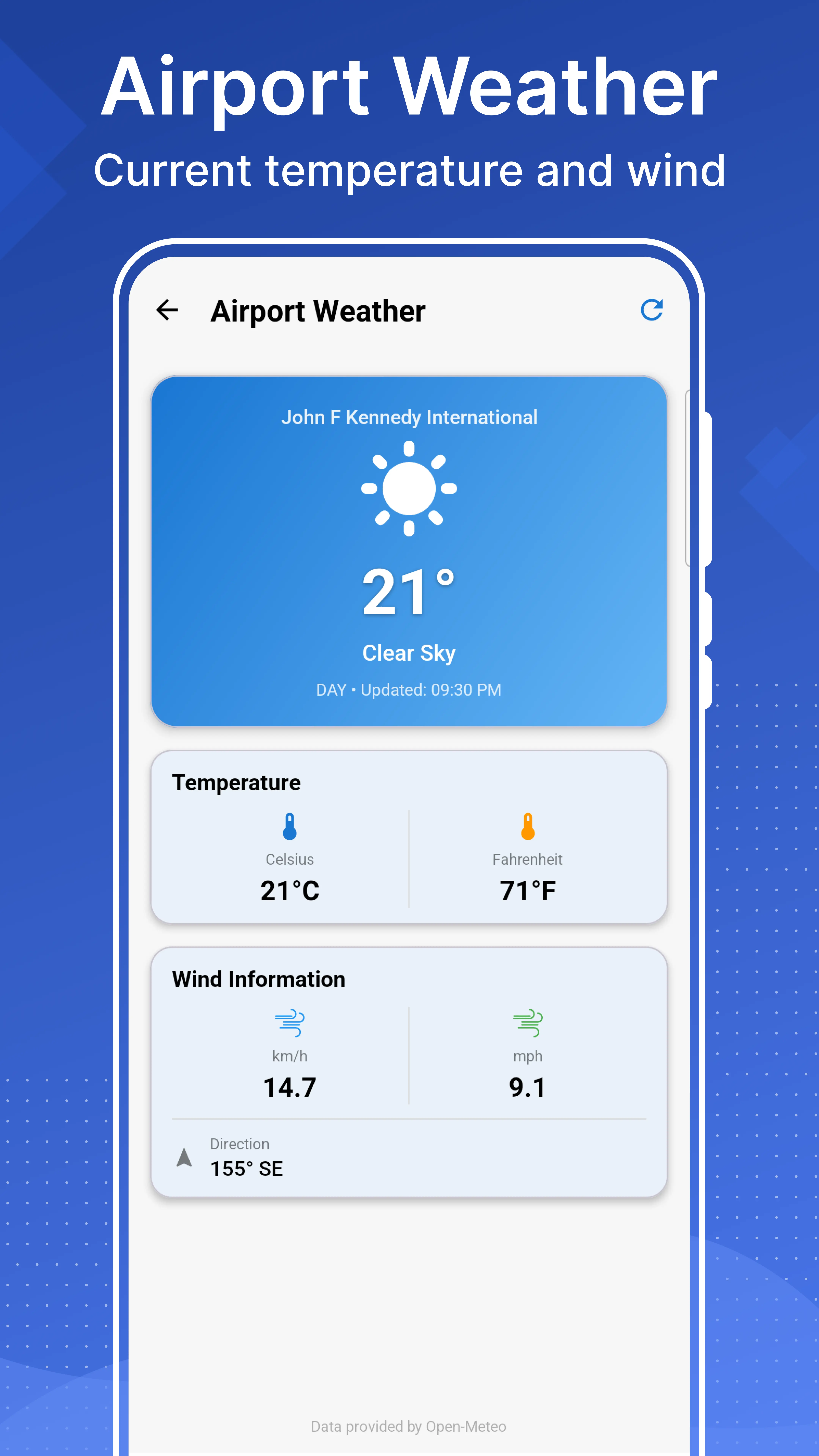 Airport weather screen showing temperature, wind, humidity and visibility