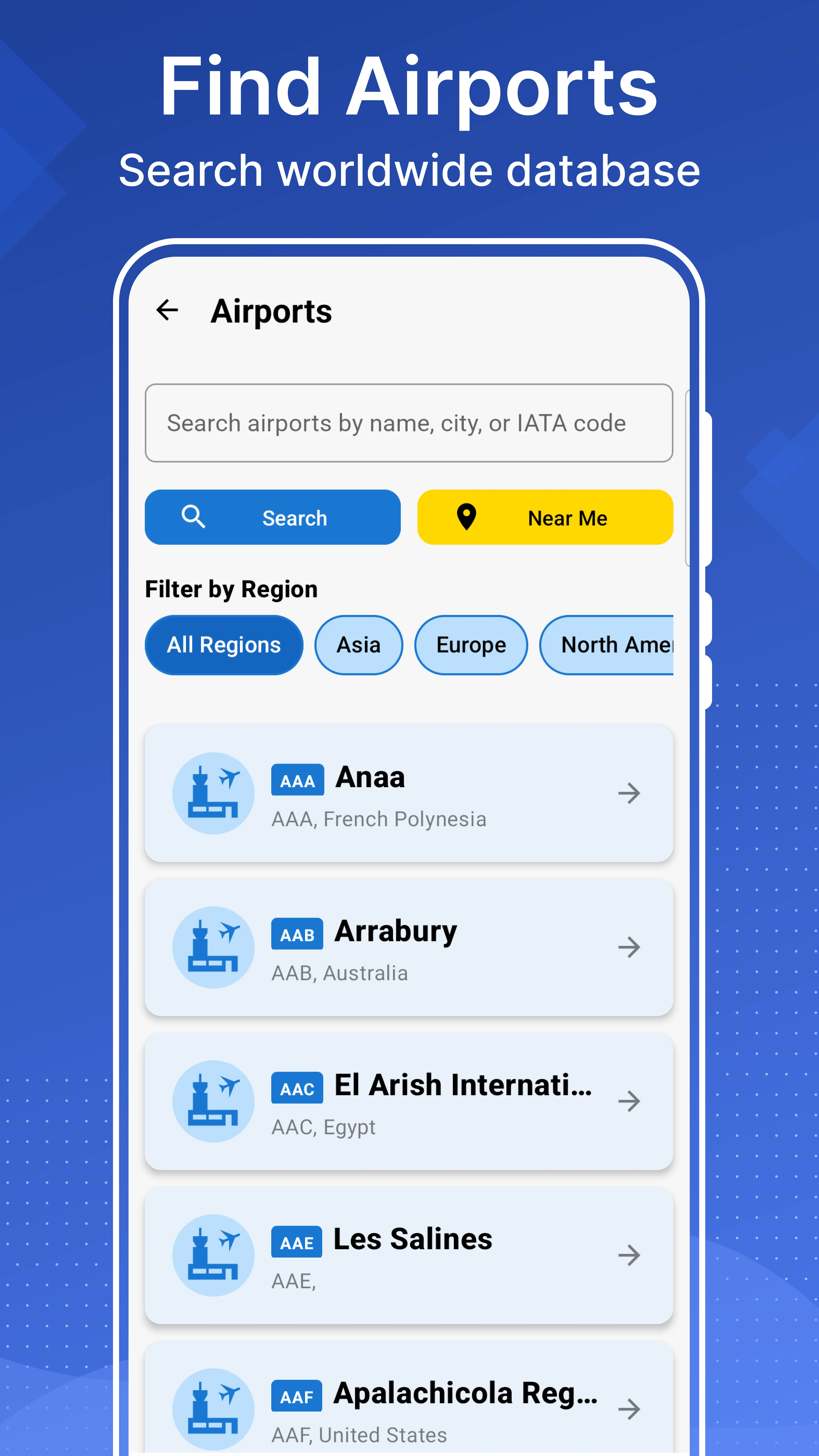 Airport finder screen listing airports by name with their IATA codes