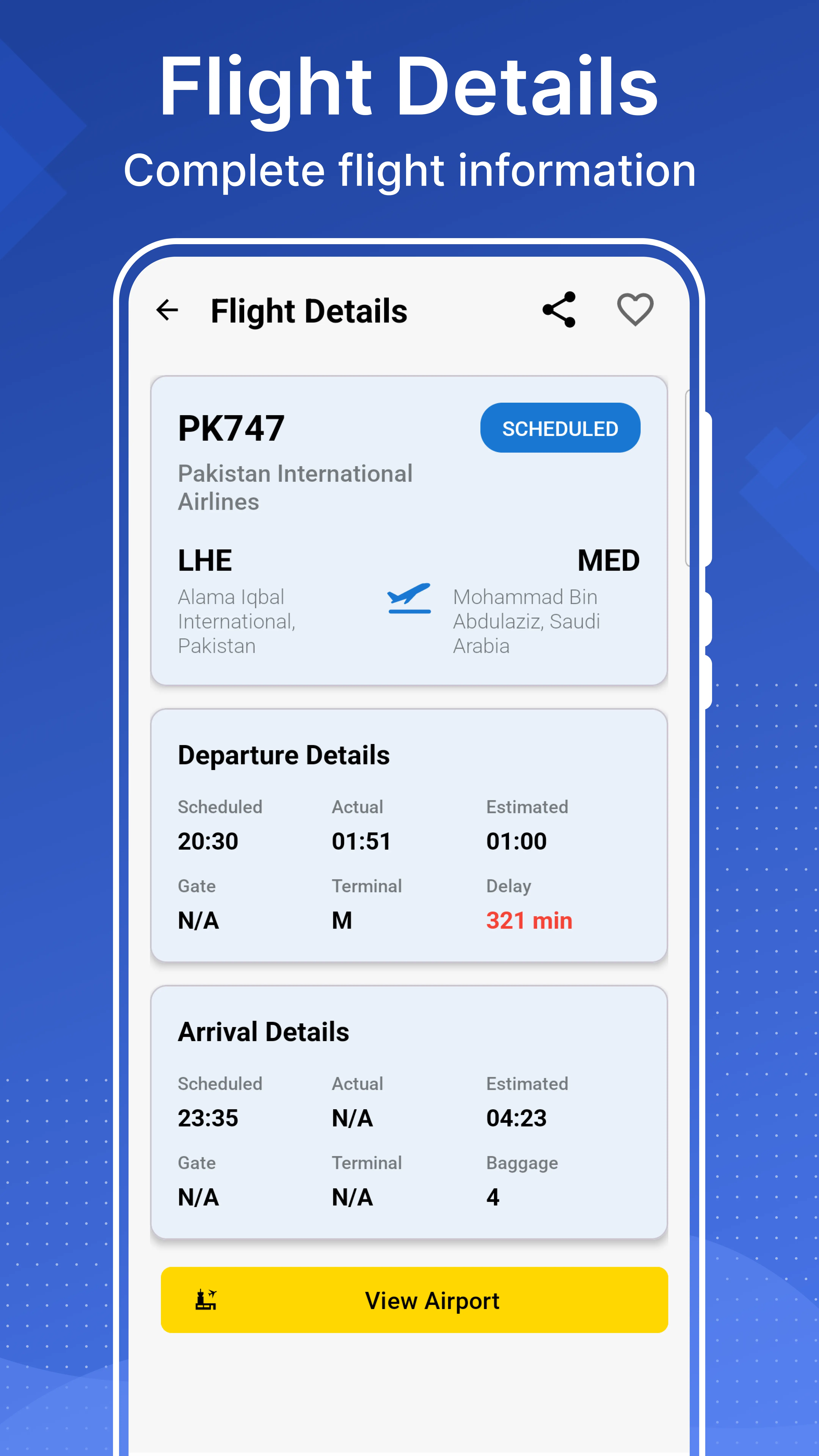 Flight details screen showing status, departure and arrival times, gate and terminal