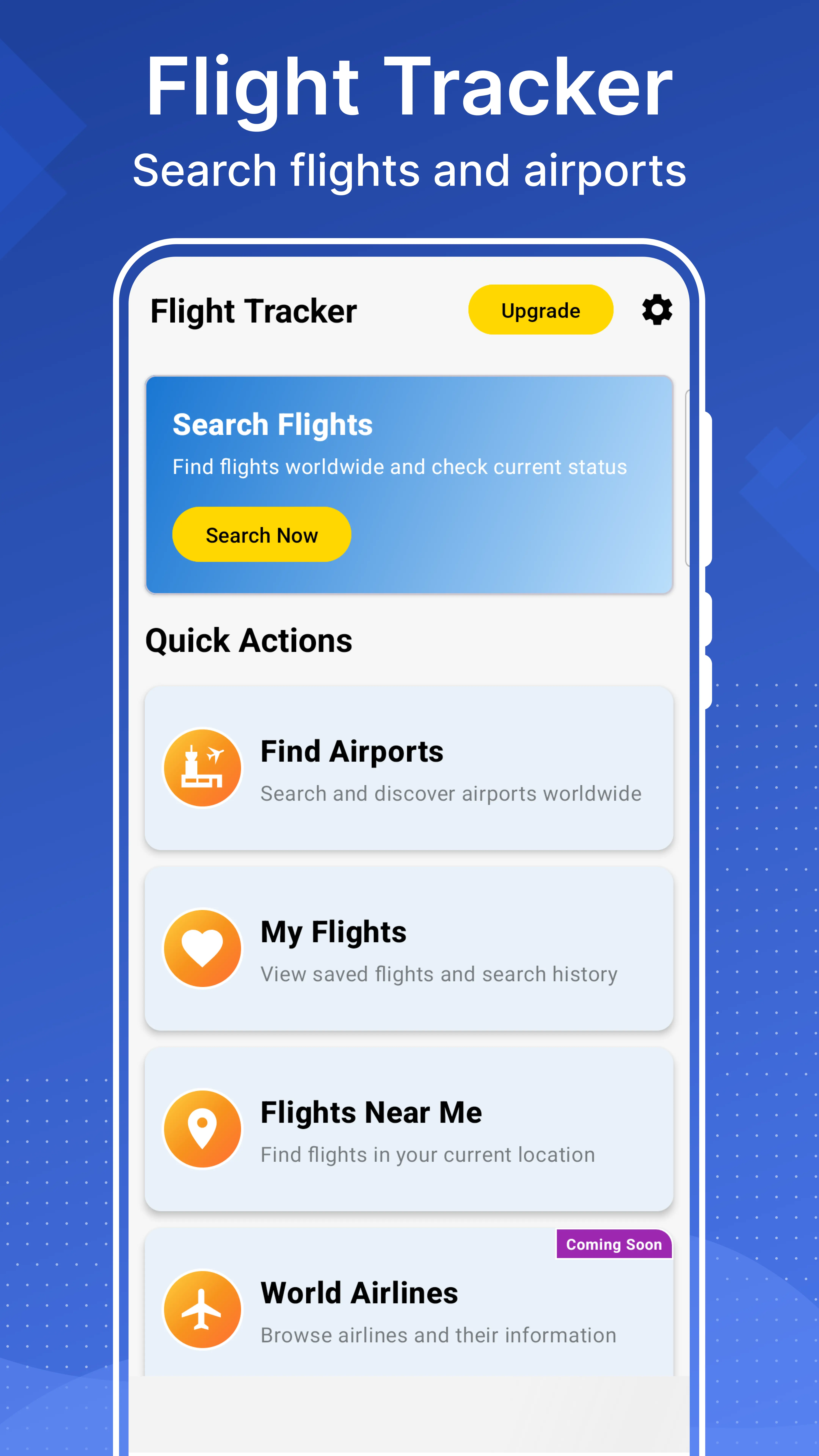The Flight Tracker home screen on an Android phone, with flight search and recently checked flights